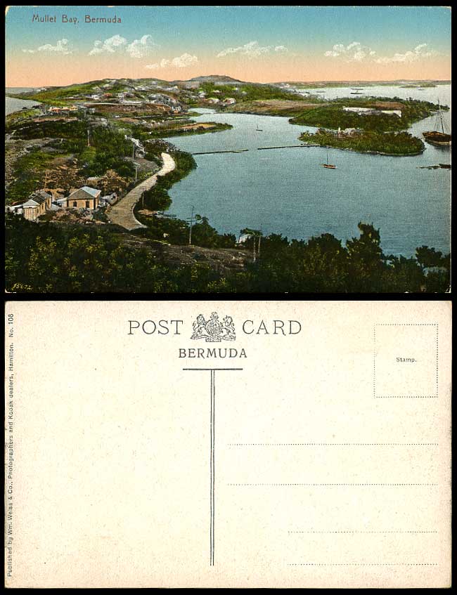 Bermuda Old Colour Postcard Mullet Bay Panorama Street Scene Boats Harbour Piers