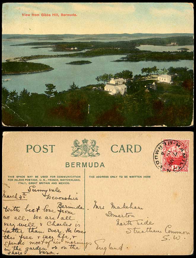 Bermuda 1919 Old Colour Postcard View from GIBBS HILL Panorama General View Tree