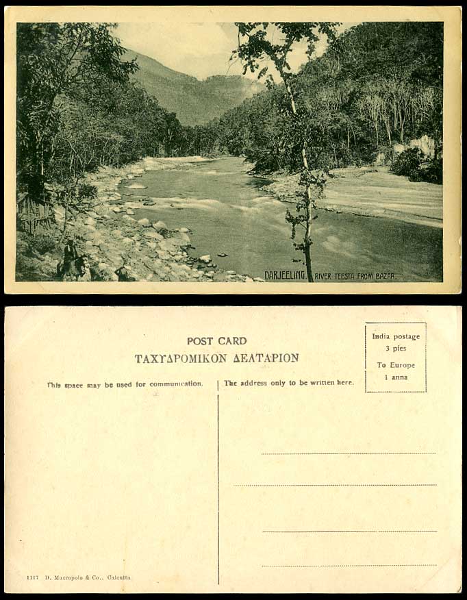 India Old Postcard Darjeeling RIVER TEESTA from Bazar River Scene Rocks Panorama