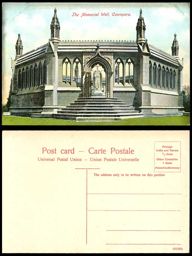 India Old Colour Postcard The Memorial Well CAWNPORE Kanpur, Angel & Cross Steps