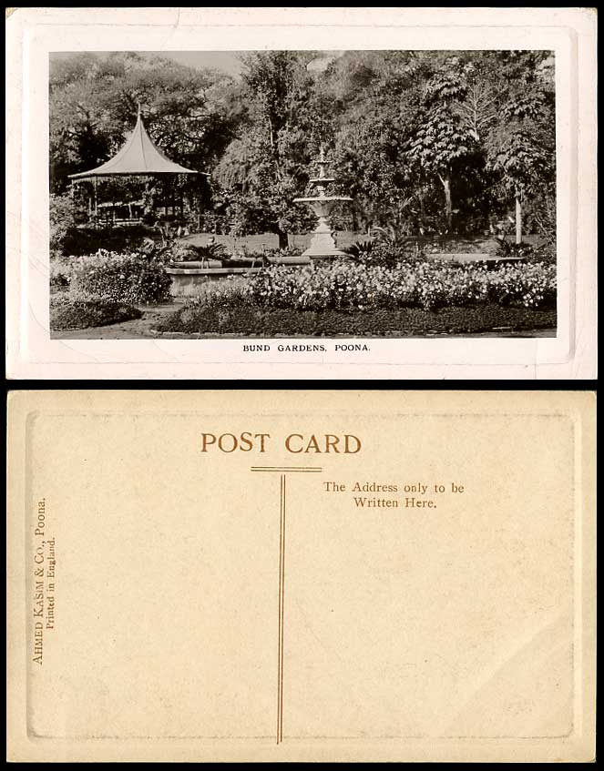 India Old Real Photo Postcard BUND GARDENS, POONA, Fountain Bandstand Band Stand
