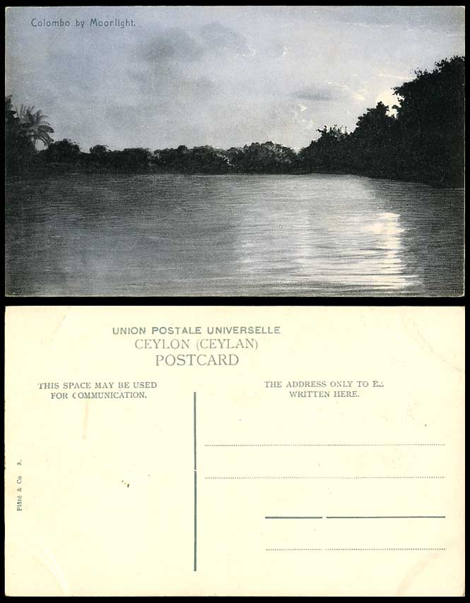 Ceylon Old Postcard Colombo by Moonlight Moon Lake or River Panorama Plate &Co 3