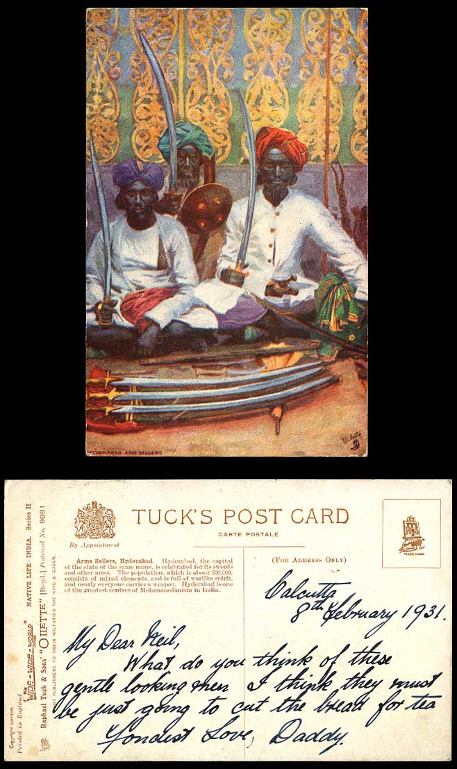 India 1931 Old Tuck's Postcard Hyderabad Arms Sellers Merchants Vendors & Swords