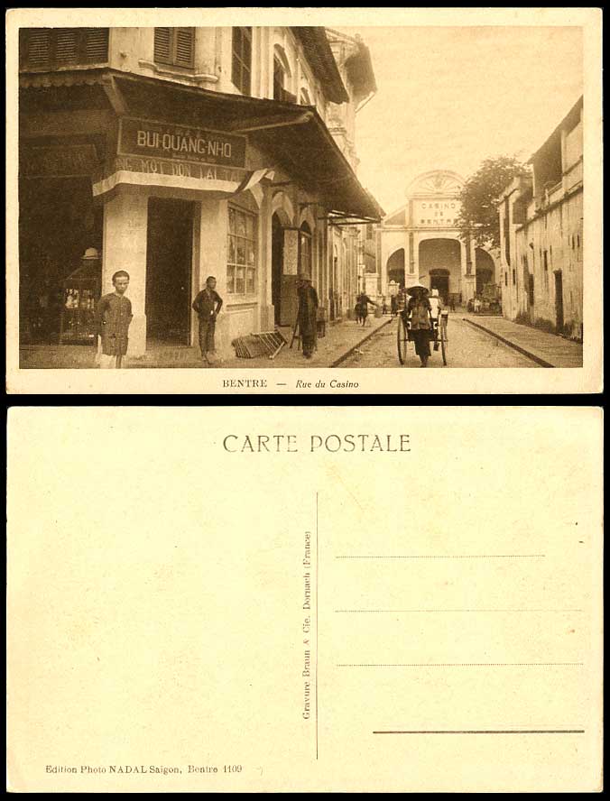 Indo-China Old Postcard Bentre Ben Tre Rue du Casino Street Scene Rickshaw