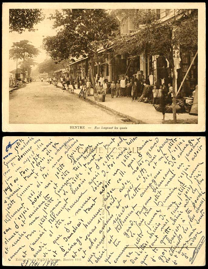 Indochina 1948 Old Postcard Bentre Rue longeant les Quais Street Along Quays Boy
