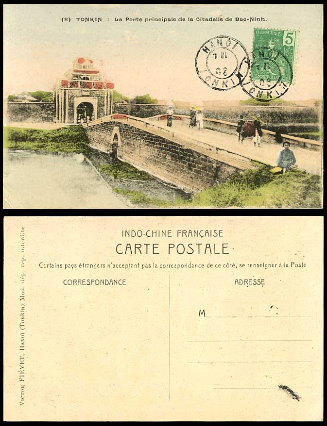 Indo-China 1908 Old Hand Tinted Postcard Tonkin Bach-Ninh Citadelle Bridge Gate