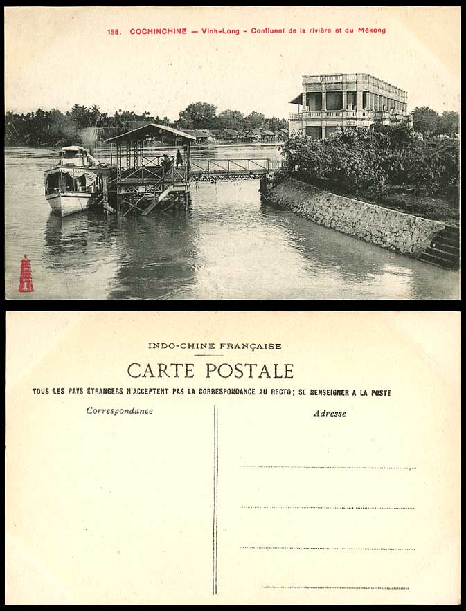 Indo-China Old Postcard Cochinchine Vinh-Long Mekong River Confluence, Quay Boat