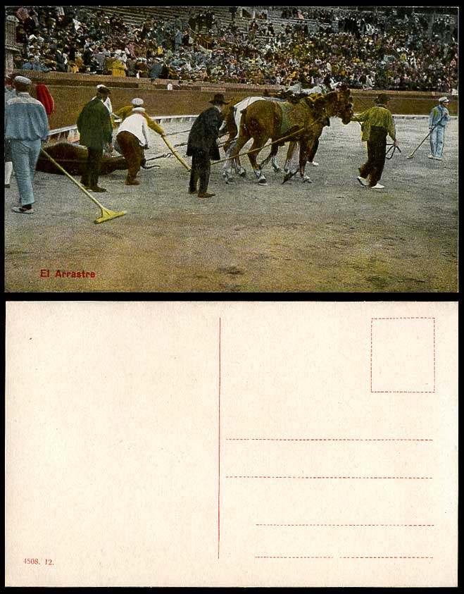 Spain Old Colour Postcard El Arrastre Horses Dragging Bull Bullring Bullfighting