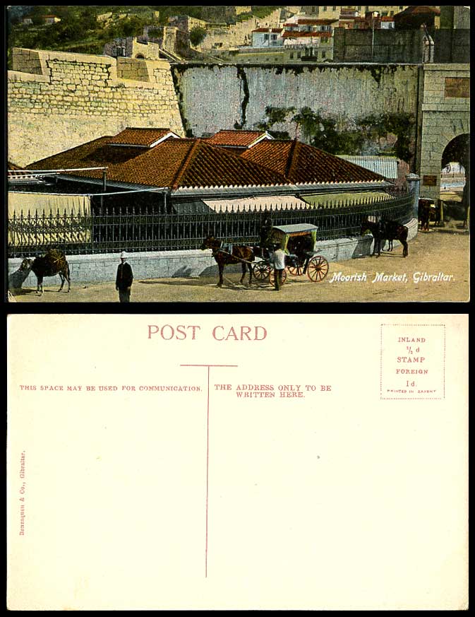 Gibraltar Old Colour Postcard Moorish Market Street Scene Horse Cart Gate Police