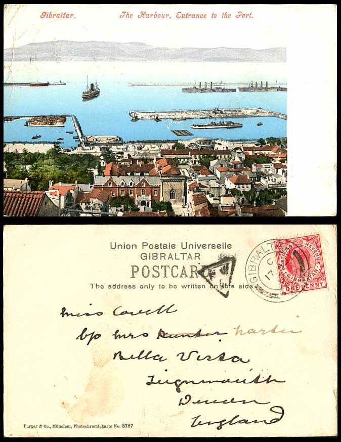 Gibraltar KE7 1d 1907 Old Colour Postcard Harbour Entrance to Port Steamer Ships