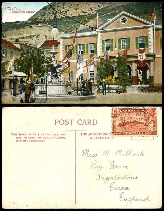 Gibraltar 1930 Old Colour Postcard Commercial Square Flags Clock Fountain Guard