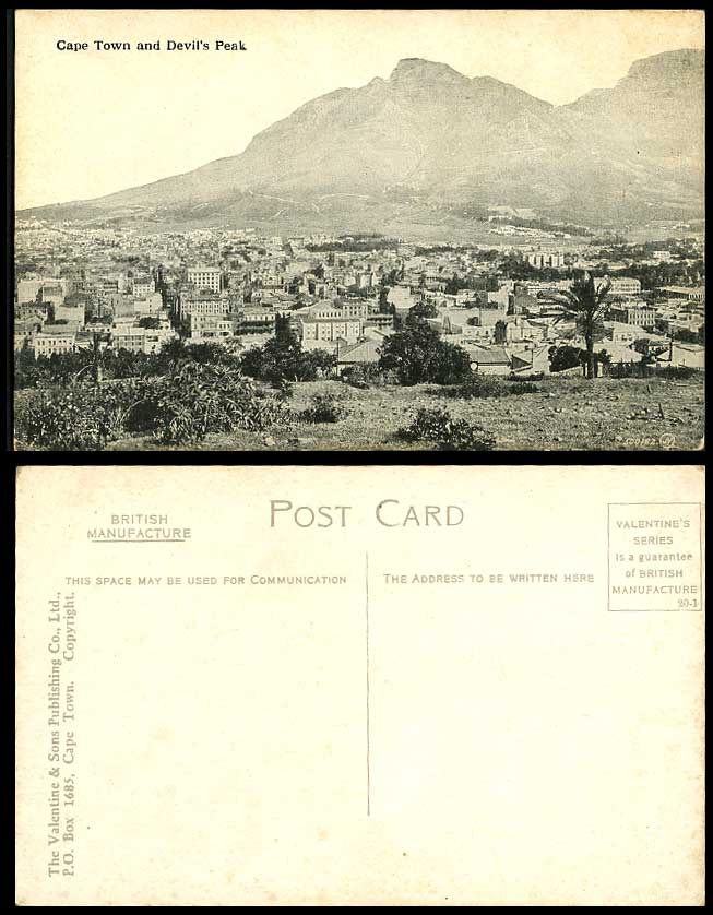 South Africa Cape Town and Devil's Peak, Mountains Palm Tree Houses Old Postcard