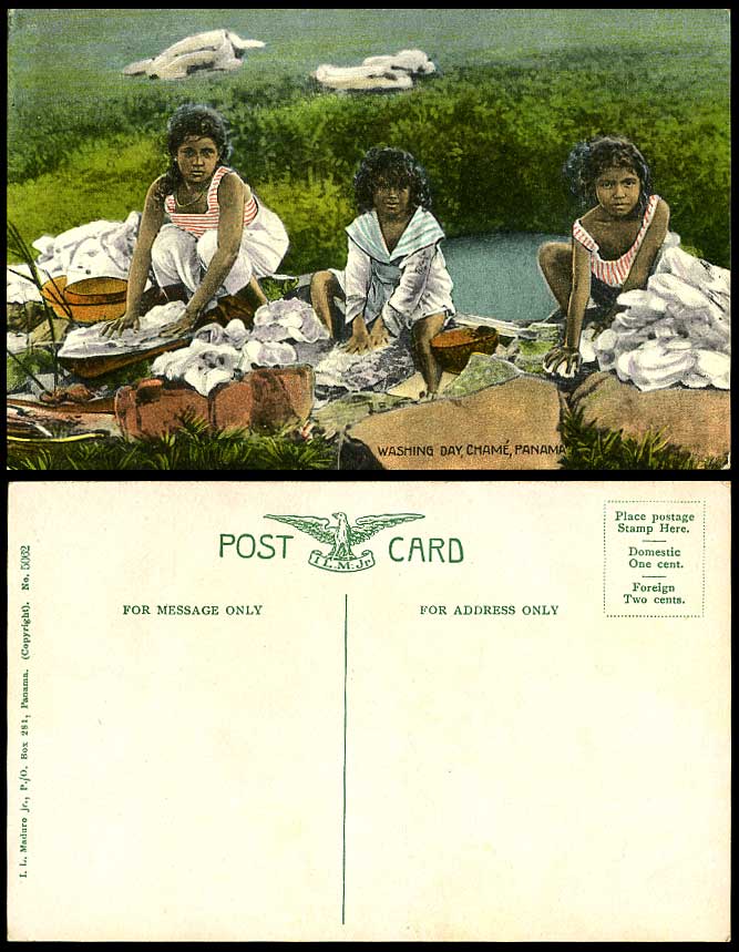 Panama Washing Day, Chame, Native Girls Washers, Ethnic Life Old Colour Postcard