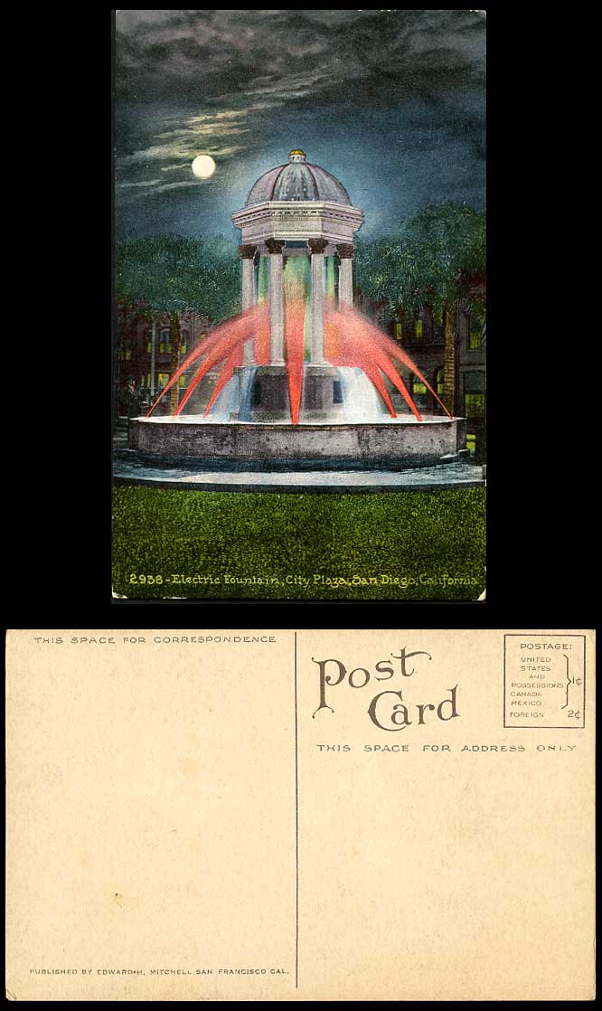 USA Electric Fountain City Plaza San Diego California Moon at Night Old Postcard