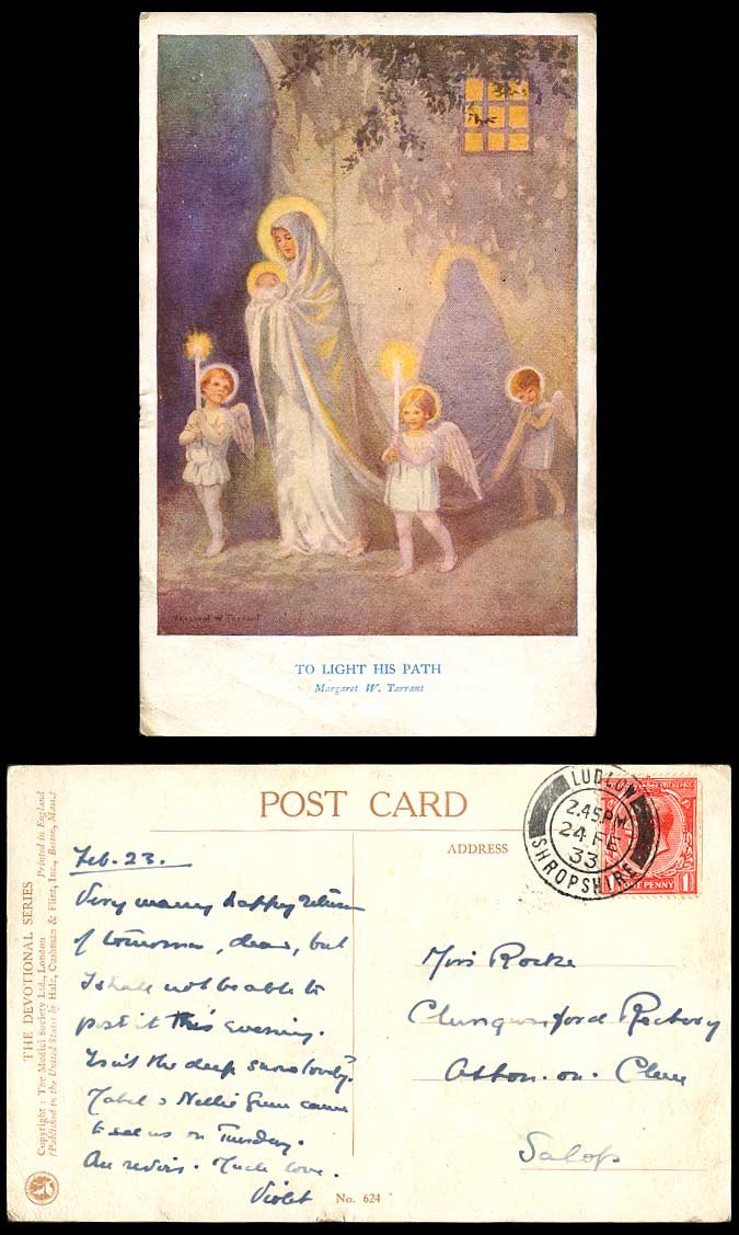 Margaret W. Tarrant 1933 Old Postcard To Light His Path Angels Devotional Series