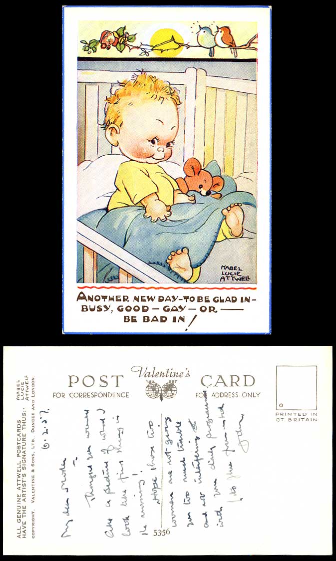 MABEL LUCIE ATTWELL Old Postcard Teddy Bear, Another Day To Be Glad in Busy 5356