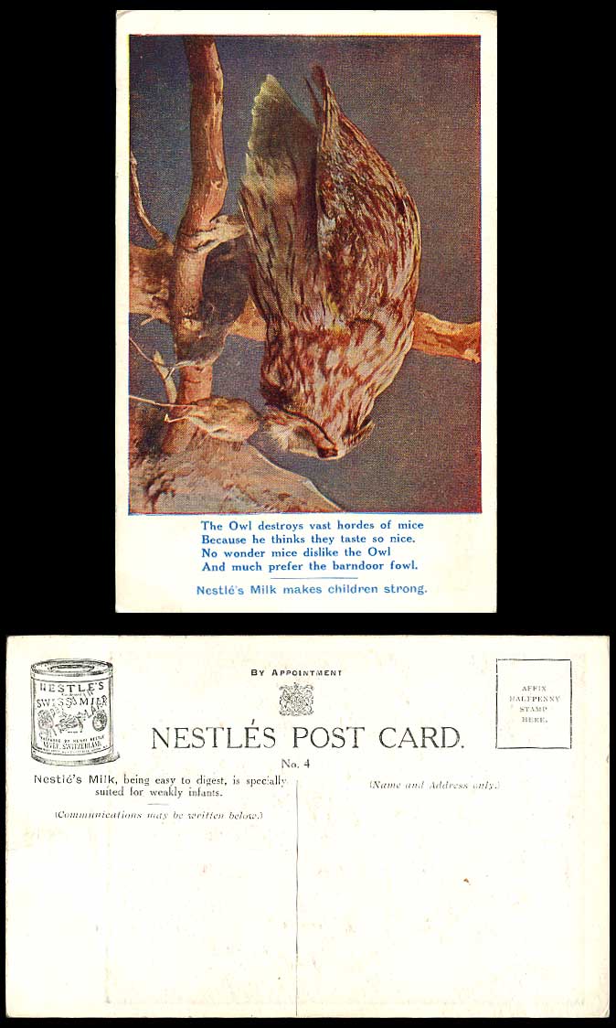 Owl Bird Owls Birds eat Mouse Mice, Nestle's Swiss Milk Advertising Old Postcard