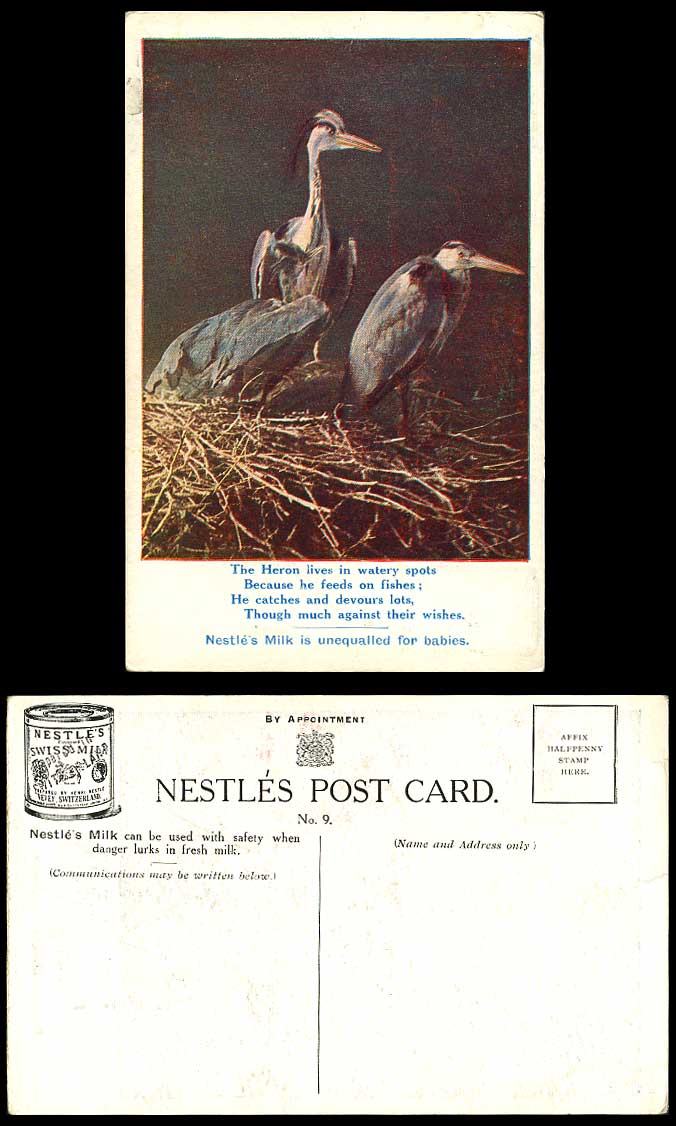Heron Bird Herons Birds Feed on Fish Nestles Swiss Milk Advertising Old Postcard