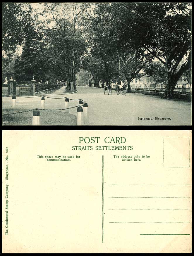 Singapore Old Postcard THE ESPLANADE Street Scene, Rickshaw Native Coolies, Gate