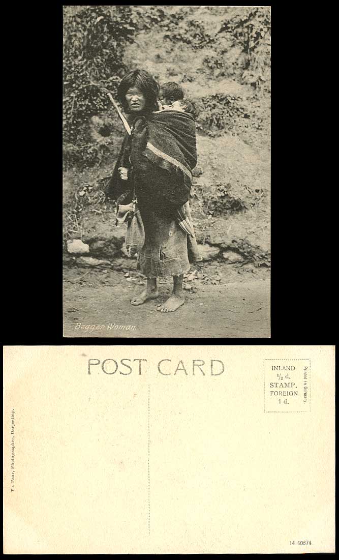 TIBET China Old Postcard Tibetan Beggar Begger Woman Carry Twins Babies Children