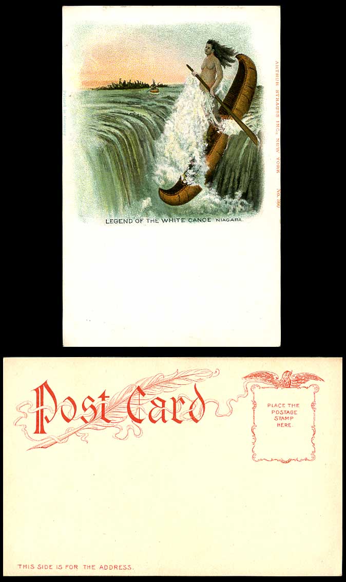 Native American Red Indian Legend of White Canoe Boat Niagara Falls Old Postcard