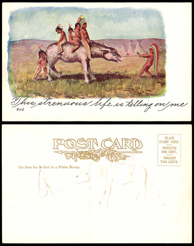 Native North American Red Indian Children Riding Large Sheep Cattle Old Postcard