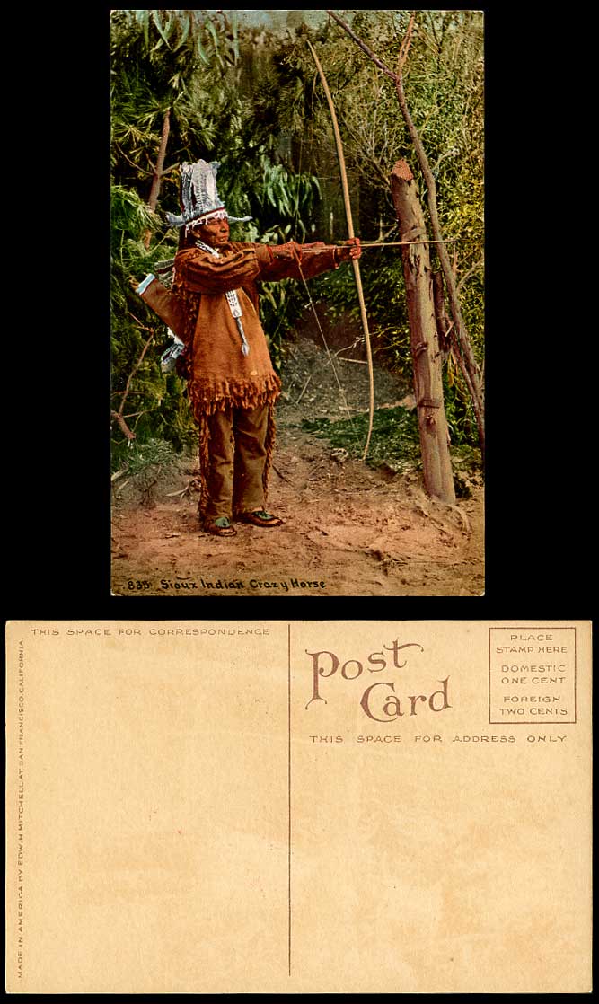 Native American Red Sioux Indian Man Crazy Horse, Archery Bow Arrow Old Postcard