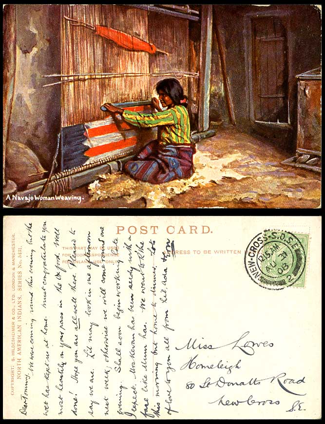 Native American Red Indian, A NAVAJO WOMAN WEAVING Loom Ethnic 1908 Old Postcard
