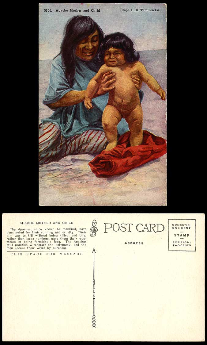 Apache Mother and Child, Native American Red Indian Woman Baby, USA Old Postcard