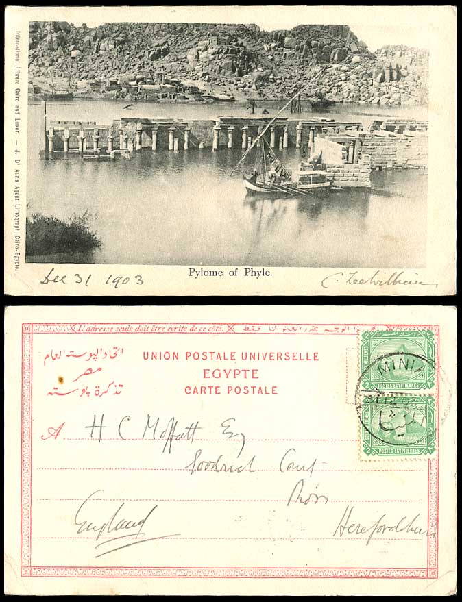 Egypt Minia Minya 2mx2 1903 Old Postcard Pylome of Phyle PHILAE FLOOD Ruins Boat