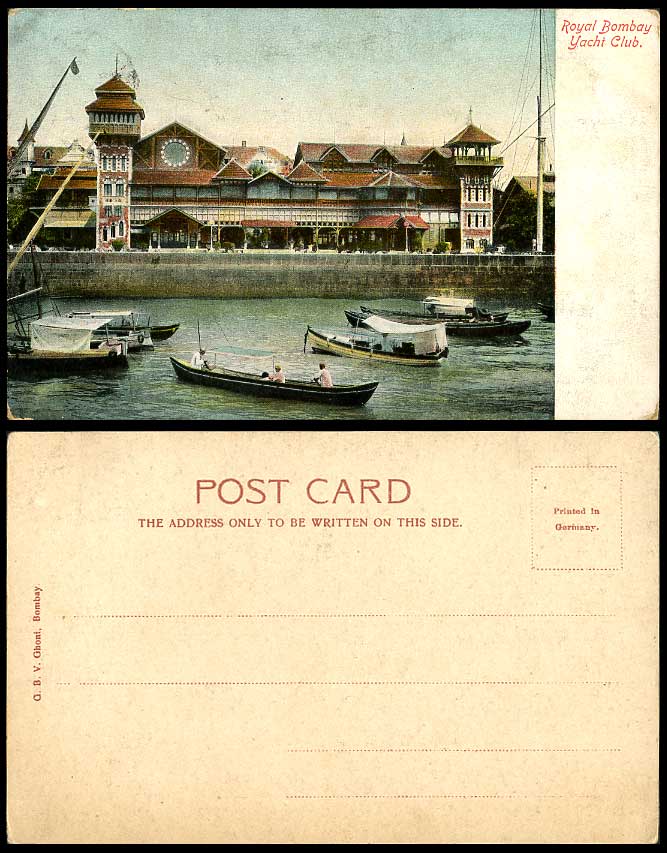 India Old Colour UB Postcard Royal Bombay Yacht Club Boats Boating Harbour Tower