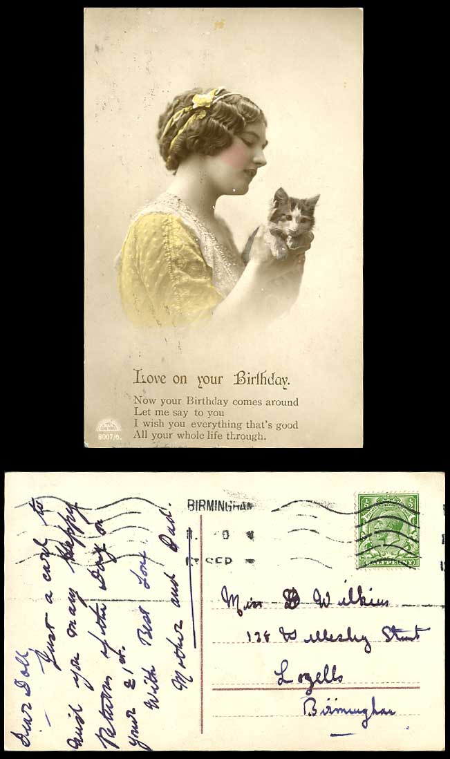 Glamour Lady Woman Holds Cat Kitten Love on Your Birthday Greetings Old Postcard