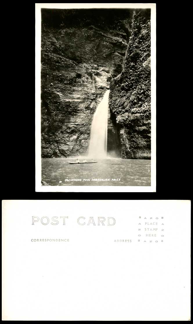 Philippines Old Real Photo Postcard Swimming Pool Pagsanjan Waterfall Boat Canoe