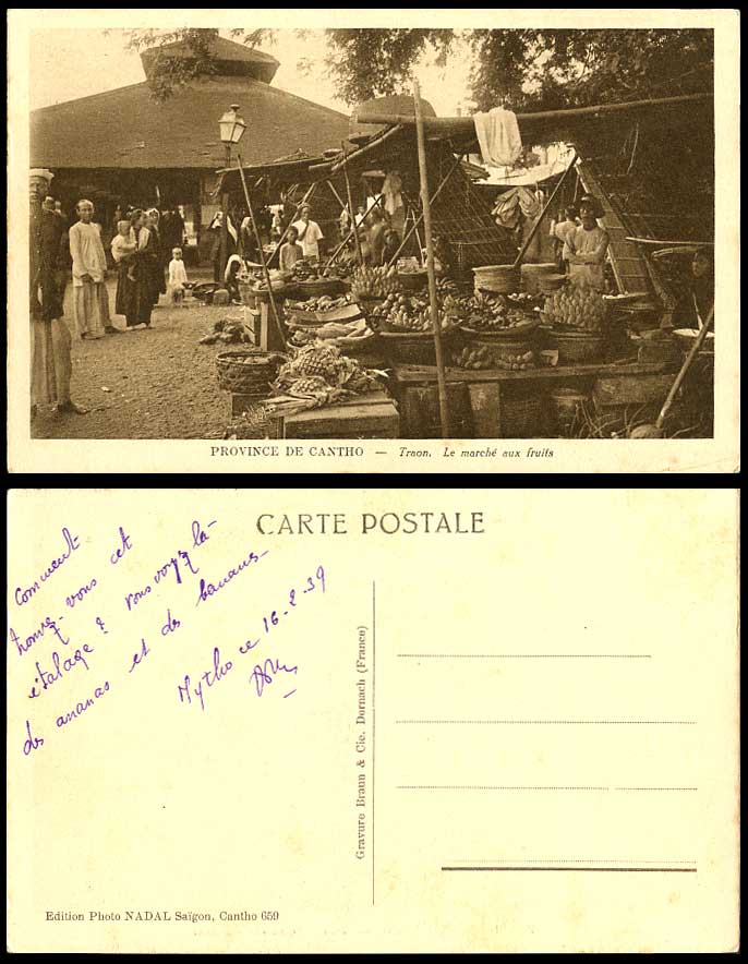 Indo-China 1939 Old Postcard Cantho Traon Fruit Market Native Fruits Seller Boys