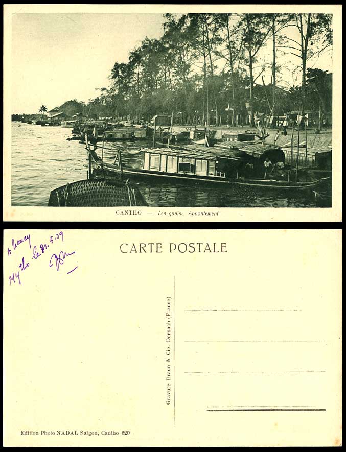 Indo-China 1939 Old Postcard Cantho Les Quais Quays Appontement Houseboats Pier
