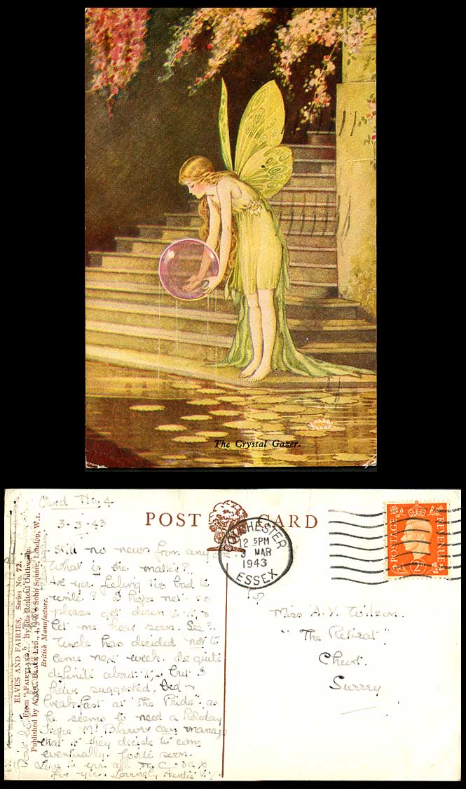 I R OUTHWAITE 1943 Old Postcard Fairy Crystal Gazer Ball Fairyland Elves Fairies