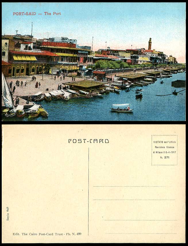 Egypt Old Colour Postcard Port Said The Port Harbour Savoy Hotel Lighthouse Boat