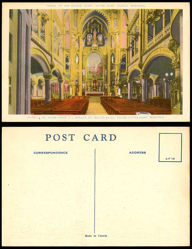 Canada Old Postcard High Altar Chapel of Sacred Heart Notre Dame Church Montreal