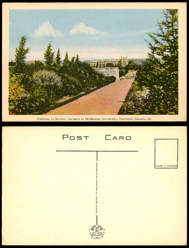 Canada Old Colour Postcard Pathway in Sunken Garden McMaster University Hamilton