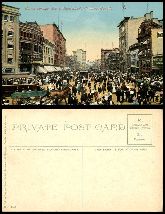 Canada Old Postcard Corner Postage Avenue and Main Street, Winnipeg TRAM Tramway