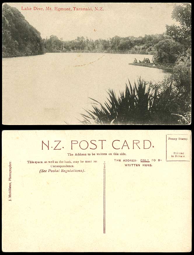 New Zealand Old Postcard Lake Dive, Mountain Mount Mt. Egmont, Taranaki Panorama
