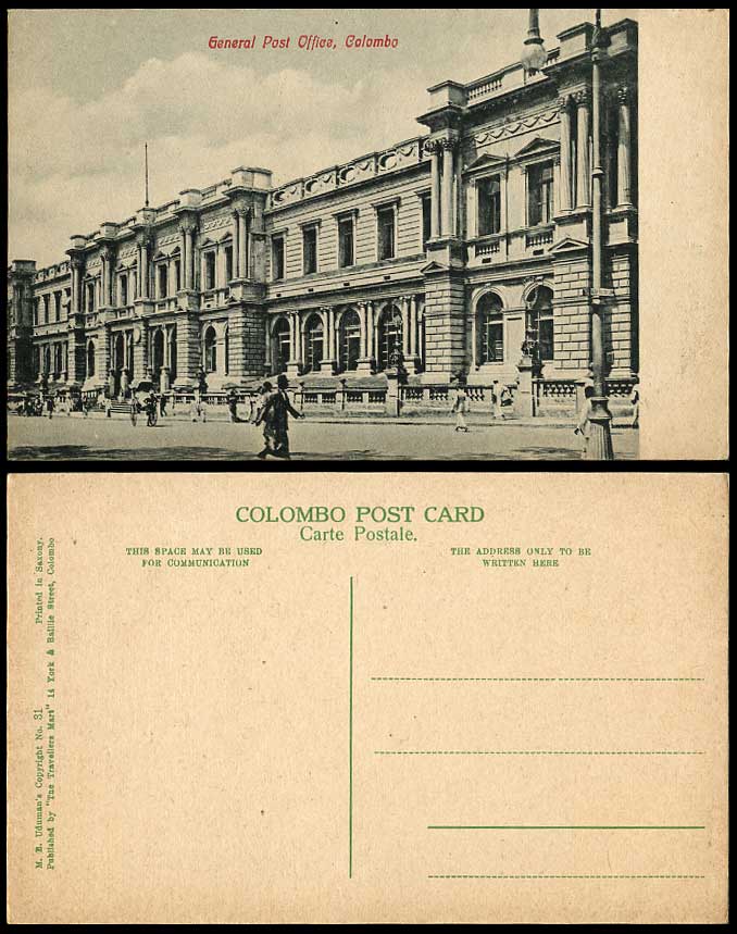 Ceylon Old Postcard GENERAL POST OFFICE Colombo G.P.O. GPO Street Scene Rickshaw