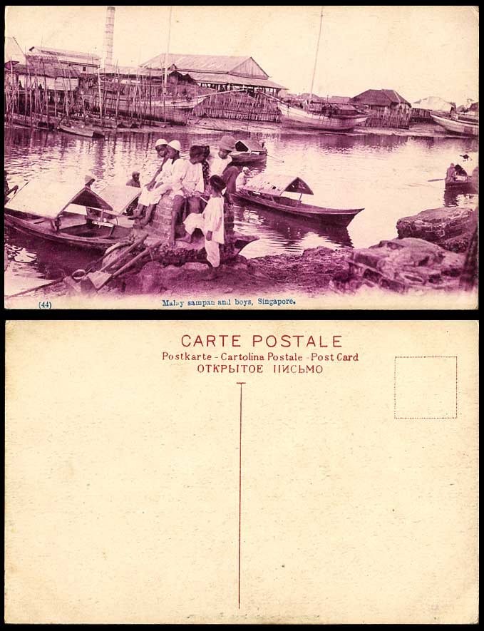 Singapore Old Postcard Malay Sampan Boats & Native Boys, Houses on Stilts Ethnic