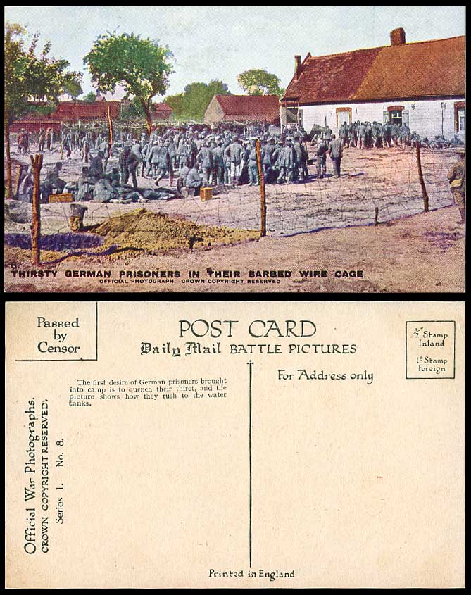 WW1 Daily Mail Old Postcard THIRSTY GERMAN POW PRISONERS of WAR BARBED WIRE CAGE