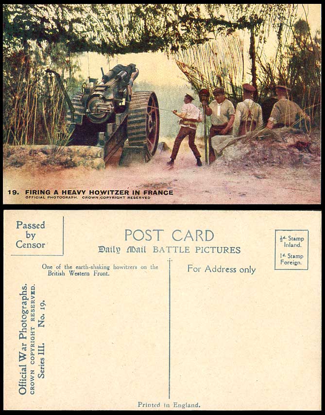 WW1 Soldiers FIRING HEAVY HOWITZER in FRANCE, British Western Front Old Postcard