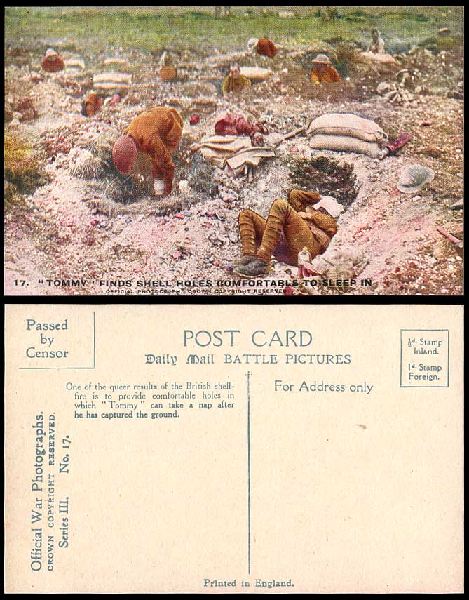 WW1 Daily Mail Old Postcard TOMMY Find SHELL HOLES Comfortable to Sleep Soldiers
