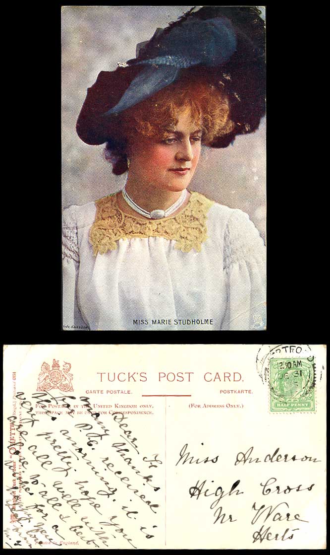 Edwardian Actress Miss MARIE STUDHOLME Necklace 1905 Old Tuck's Oilette Postcard