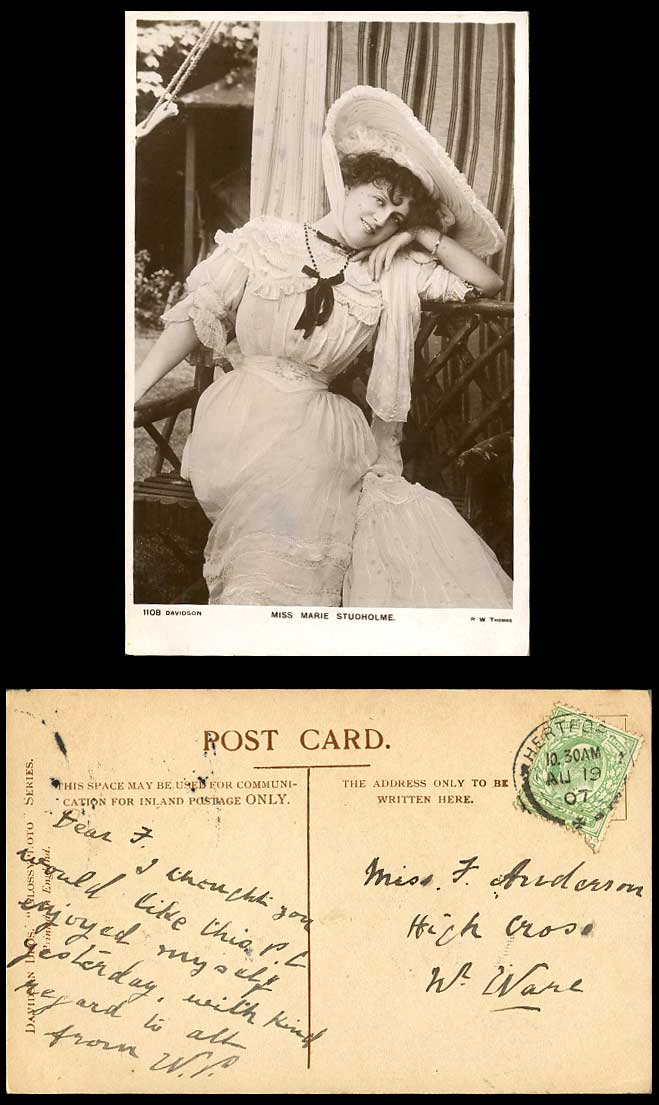 Actress Miss MARIE STUDHOLME with Smile Hat Costume 1907 Old Real Photo Postcard