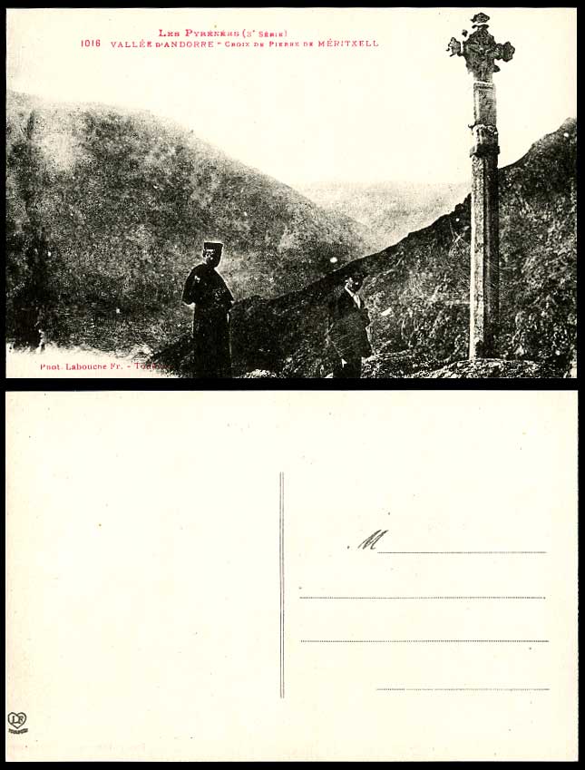 Andorra Old Postcard Croix de Pierre de Meritxell Stone Cross Priest and Man Mts