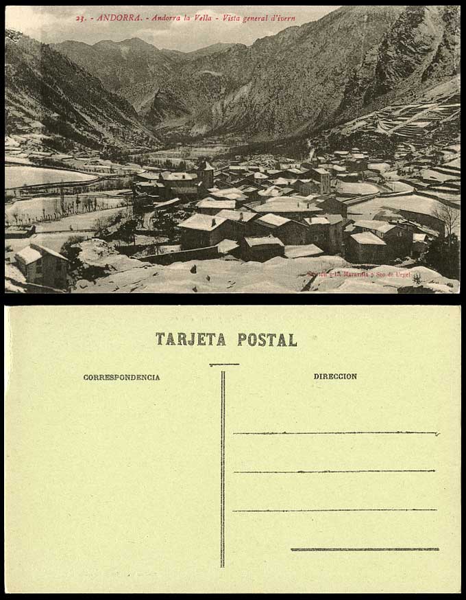 Andorra la Vella c.1930 Old Postcard Vista General d'ivern Winter Snowy Scene 23